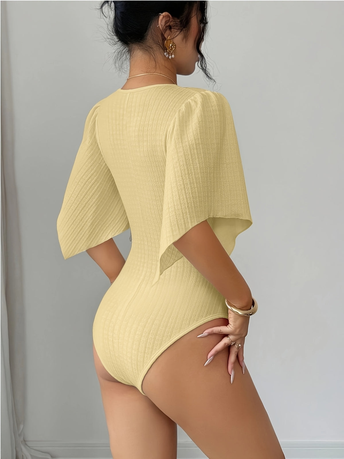 Ladies Elegant New V-Neck Texture Bust Pleats Ruffle Sleeves Slim Waist Elegant Jumpsuit, V-Neck Asymmetrical Cuffs Bodysuit Top - Yellow