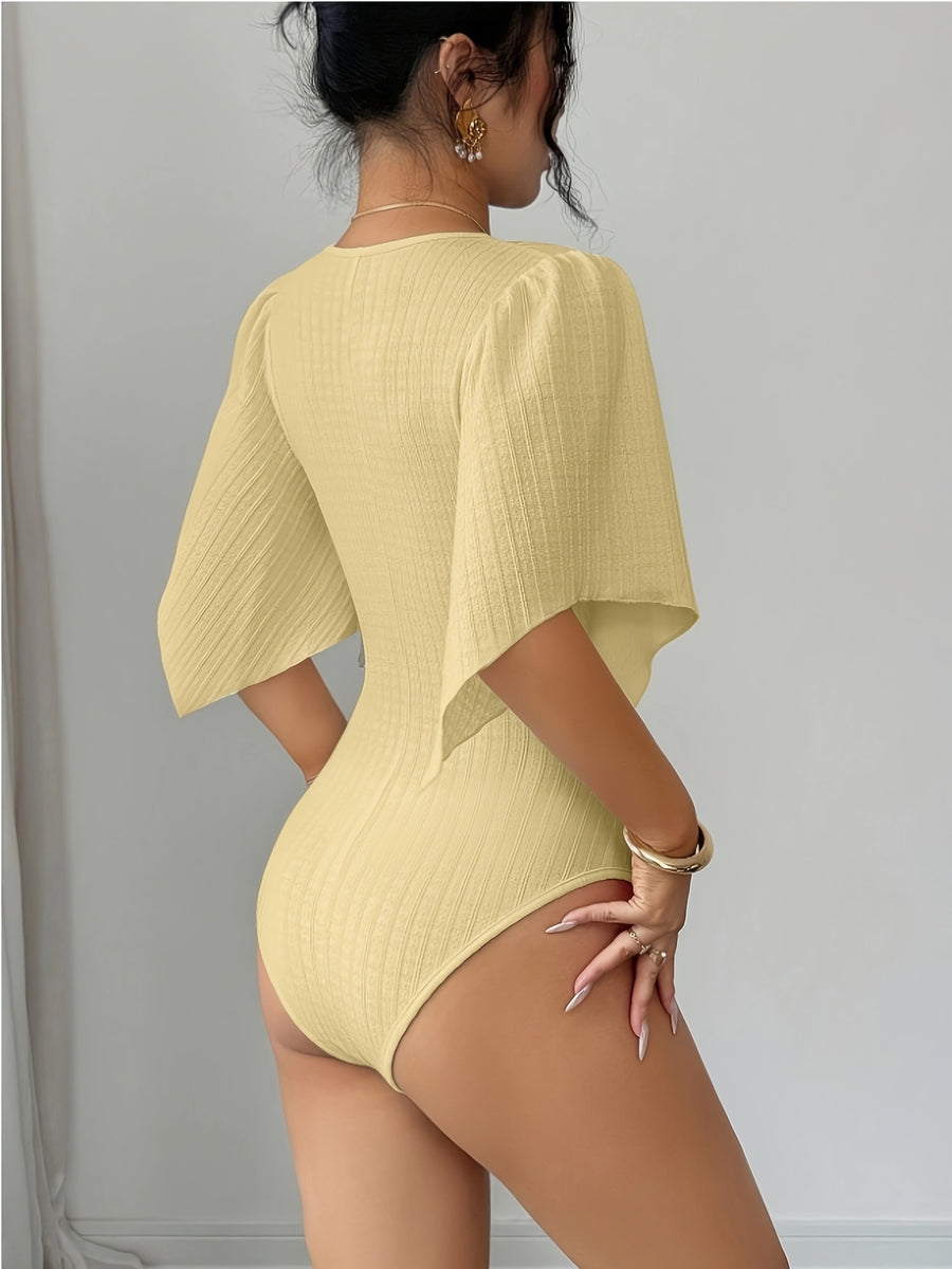 Ladies Elegant New V-Neck Texture Bust Pleats Ruffle Sleeves Slim Waist Elegant Jumpsuit, V-Neck Asymmetrical Cuffs Bodysuit Top - Yellow