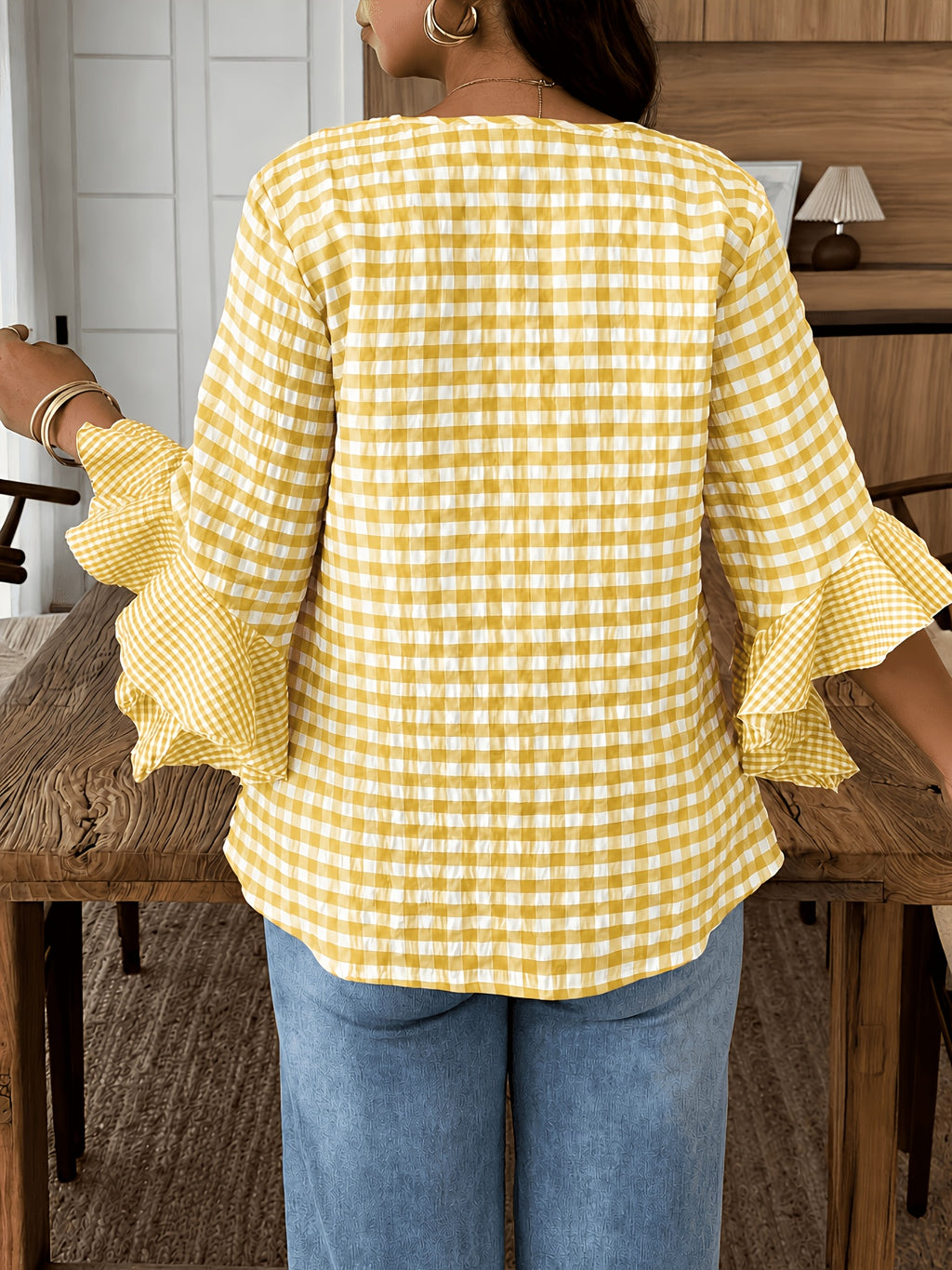 Women's Colorful Plaid Flared Sleeve Shirt for Spring, Summer, and Autumn, Casual Checkered Patchwork Shirt with Large and Small Plaid Patterns, Plaid Shirt for Vacation, Leisure, and Work Commutes - Lemon Yellow