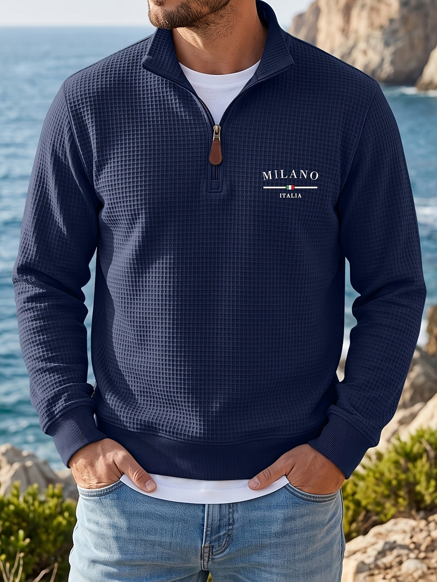 Men's Casual Half-Zip Sweatshirt, Waffle Knit Fabric, Comfortable and Breathable, Versatile for Spring and Autumn, Suitable for Outings and Vacations, an Essential for Daily Wear - Navy Color