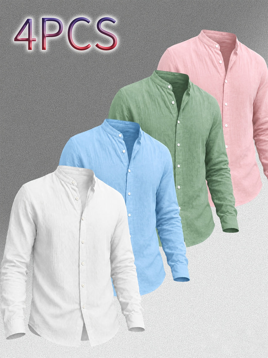 Zhiyu OBM Men's New Stand Collar Solid Color -Look Long Sleeve Shirt 4pcs Set, Simple Stand Collar Design, High-Quality Men's Long Sleeve Button- Shirt for Spring, Autumn, and Winter - Suitable for Outdoor Leisure, Vacation, Travel, and Formal Wear - White + Sky Blue + Green + Pink