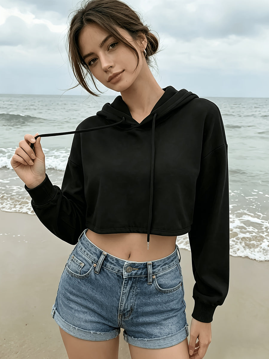 Women's Loose Fit Long Sleeve Top, Hot Style High Waist Crop Hooded Sweatshirt - Black
