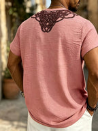 2026 New American Summer Men'S Lightweight Bamboo Rayon Rayon Braid Loose Rune Print V-Neck Casual Short Sleeve - Pink Color