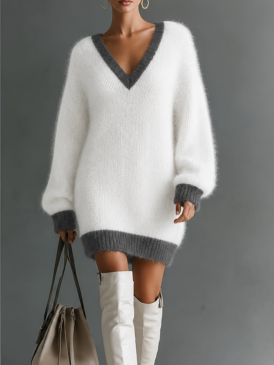 Women's Contrast Color Multi-Color Option Trimmed V-Neck Plush Fluffy Dress, Loose Long-Sleeve Pullover Dress, Autumn Winter Casual Lazy Short Dress, Suitable for Autumn and Winter Wear, Daily Classic Versatile Style - White
