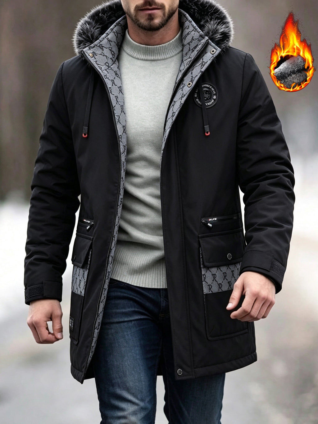 Winter Men's Jacket, Warm Hooded Style Over Jacket, Large Faux Fur Mid Length Jacket for Men, Casual Workwear with Multiple Pockets Jacket, Versatile Thick Jacket for Young and Middle-aged Outdoor Commuting - Black