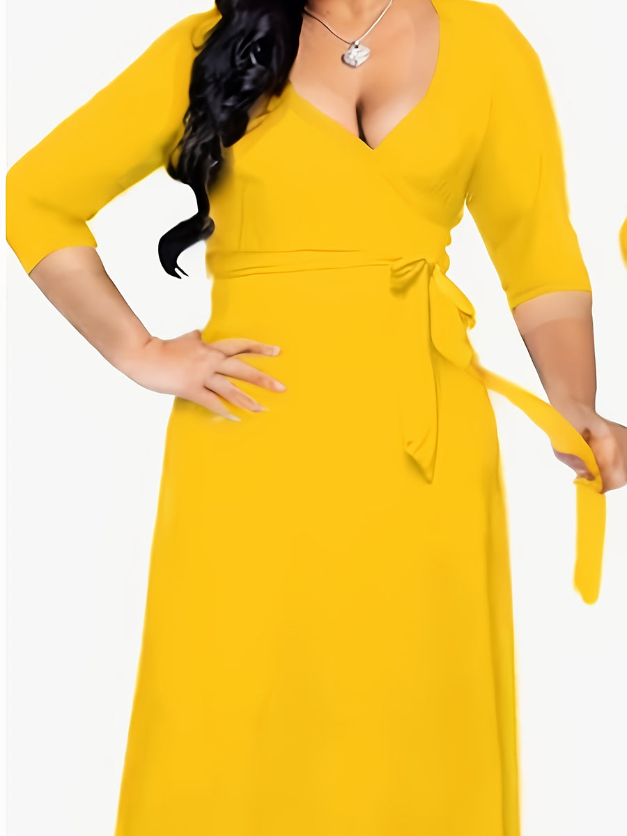 Western Fashion Solid Color V-Neck Women'S Dress Elegant Long Dress with Belt - Yellow