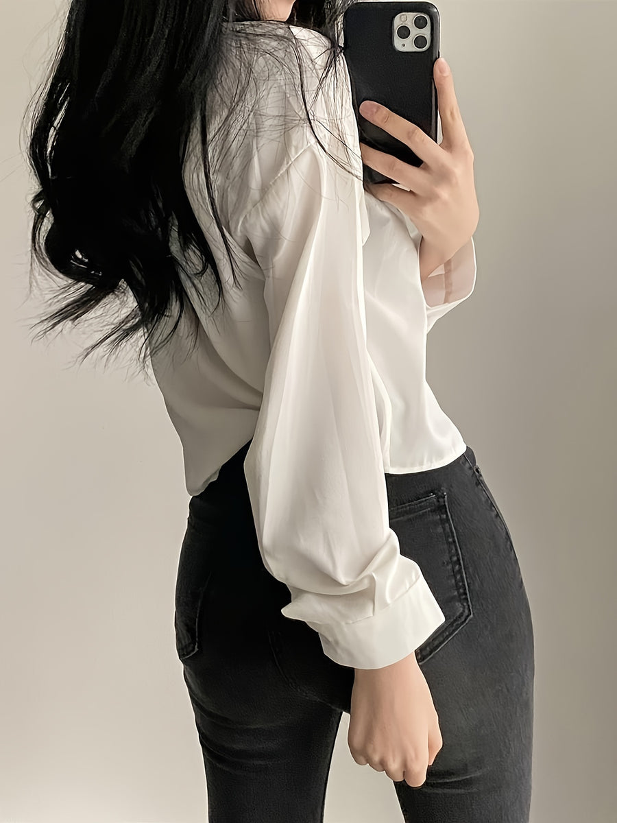 Easy Versatile Single-Button Loose Casual Solid Color Long Sleeve Shirt Top Women'S - White