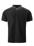 Men'S Waffle Breathable Polo Shirt, Solid Color Stand Collar Half-Zip Short-Sleeve Top, Soft And Comfortable Garment for Outdoor Trips And Daily Wear - Black