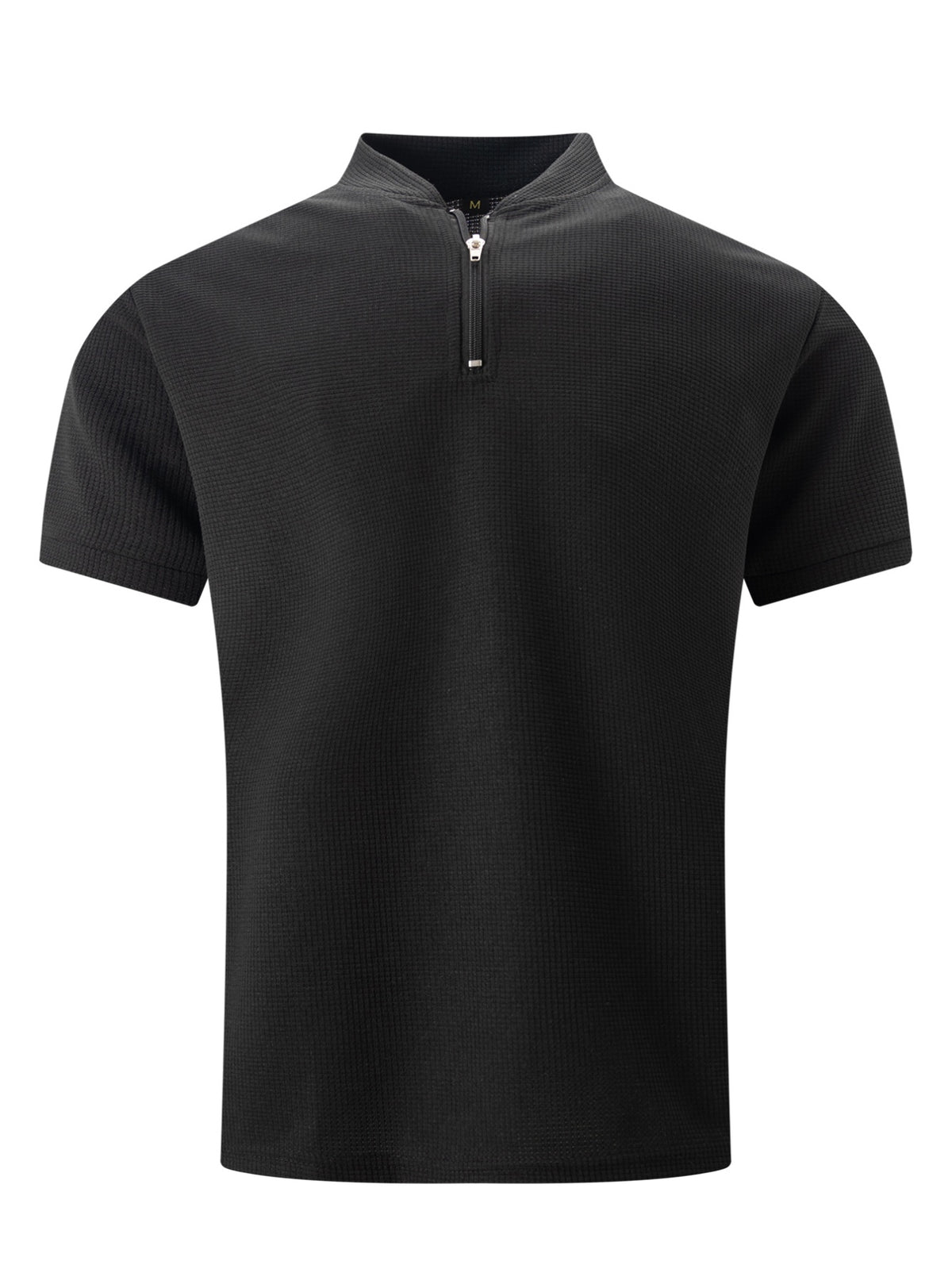 Men'S Waffle Breathable Polo Shirt, Solid Color Stand Collar Half-Zip Short-Sleeve Top, Soft And Comfortable Garment for Outdoor Trips And Daily Wear - Black