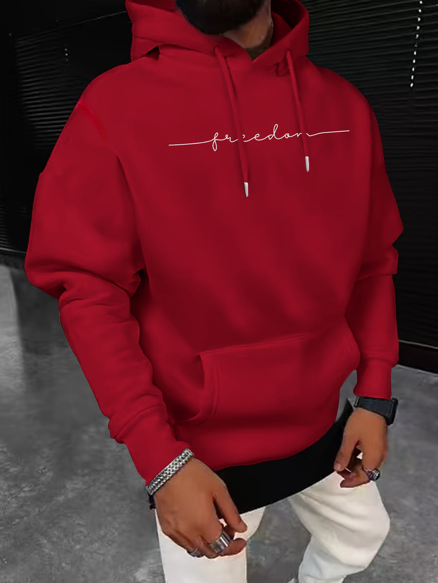 Men's -Lined Hooded Sweatshirt, Casual Versatile Fashion Streetwear Pullover Hoodie - Red