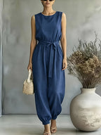 2026 Spring/Summer Women'S Bohemian Style Lightweight Breathable Sleeveless Tie-Up Ankle-Cinching Wide-Leg Jumpsuit. Commute Style, Beach/Office/Weekend Multi-Scene Wear - Navy Color