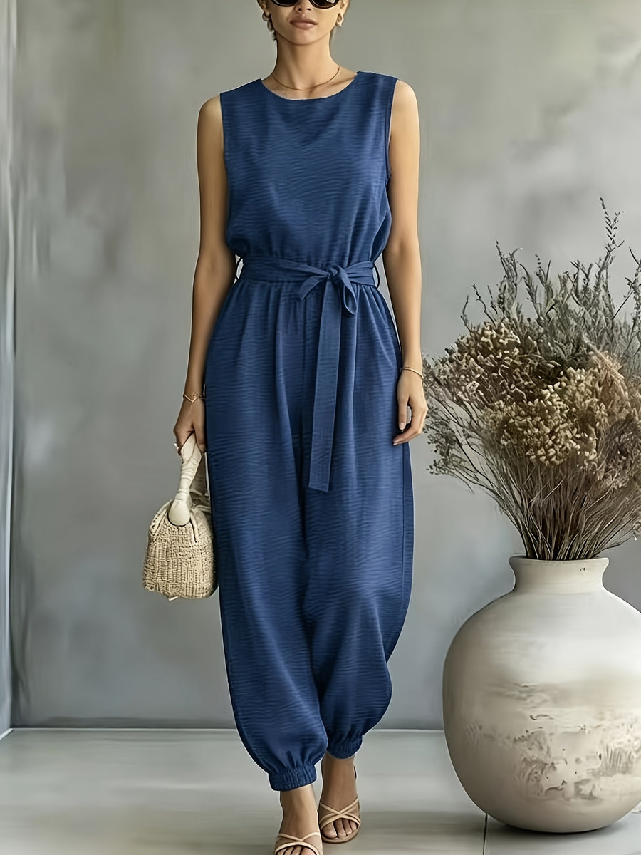 2026 Spring/Summer Women'S Bohemian Style Lightweight Breathable Sleeveless Tie-Up Ankle-Cinching Wide-Leg Jumpsuit. Commute Style, Beach/Office/Weekend Multi-Scene Wear - Navy Color