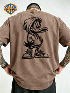 Warner Bros Official Hand-Drawn Cartoon Print Washed T-Shirt, Men's 100% Pure Cotton Fabric, Casual and Comfortable Style, Loose Fit Breathable Short Sleeve Men's Casual Top, Distressed Washed Loose Fit - Khaki