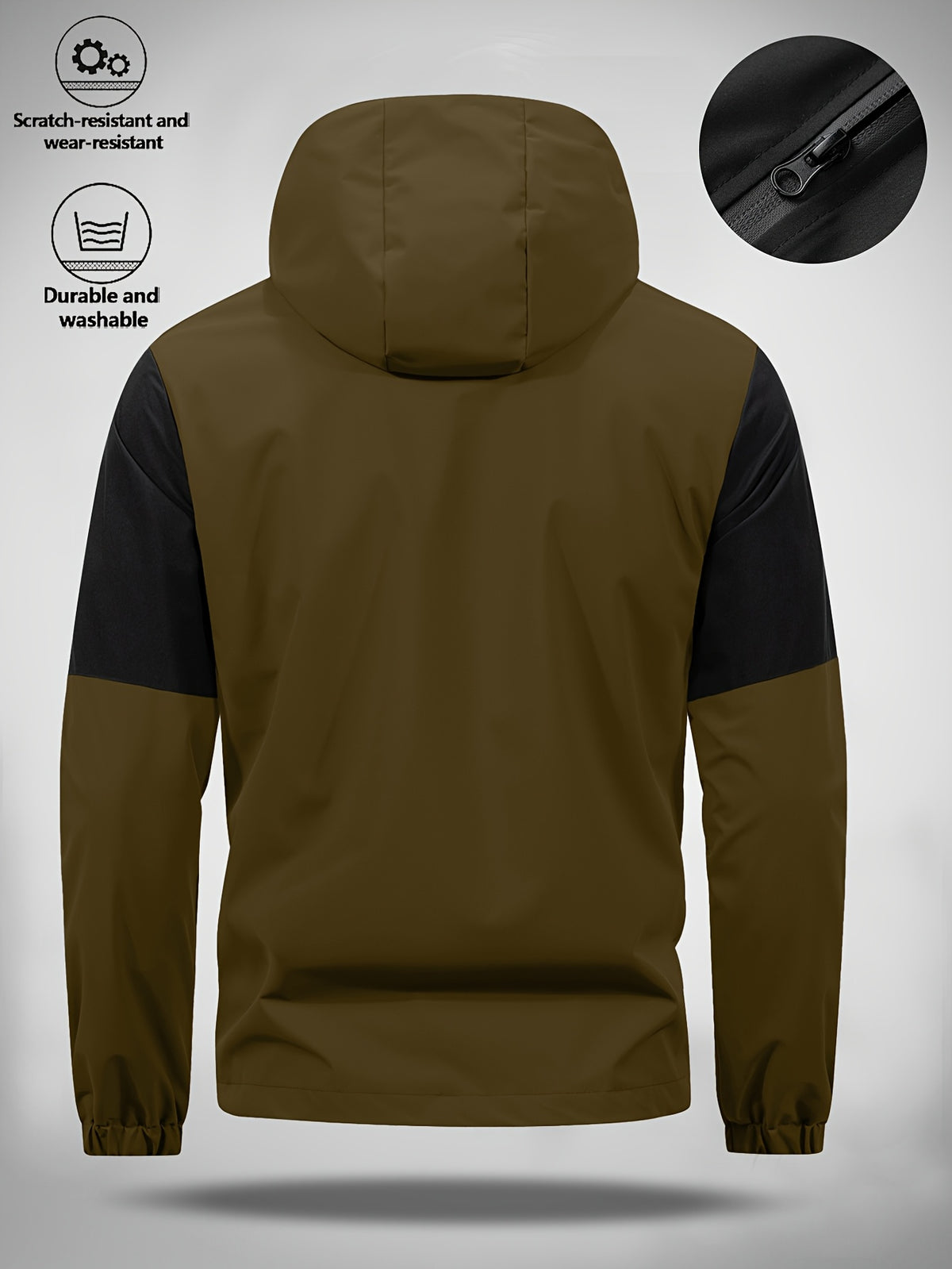 Men's Hooded Jacket with Bull Logo Colorblock Hooded Outdoor Jacket, Men's Sporty Casual Outerwear, JK1859 - Dark Khaki 2