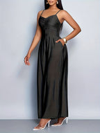 Women'S Draped Front Lace Up Backless Wide Leg Cami Jumpsuit | Elegant Solid Color, Sleeveless, Long Length, Suitable for Everyday Wear & Vacation - Black