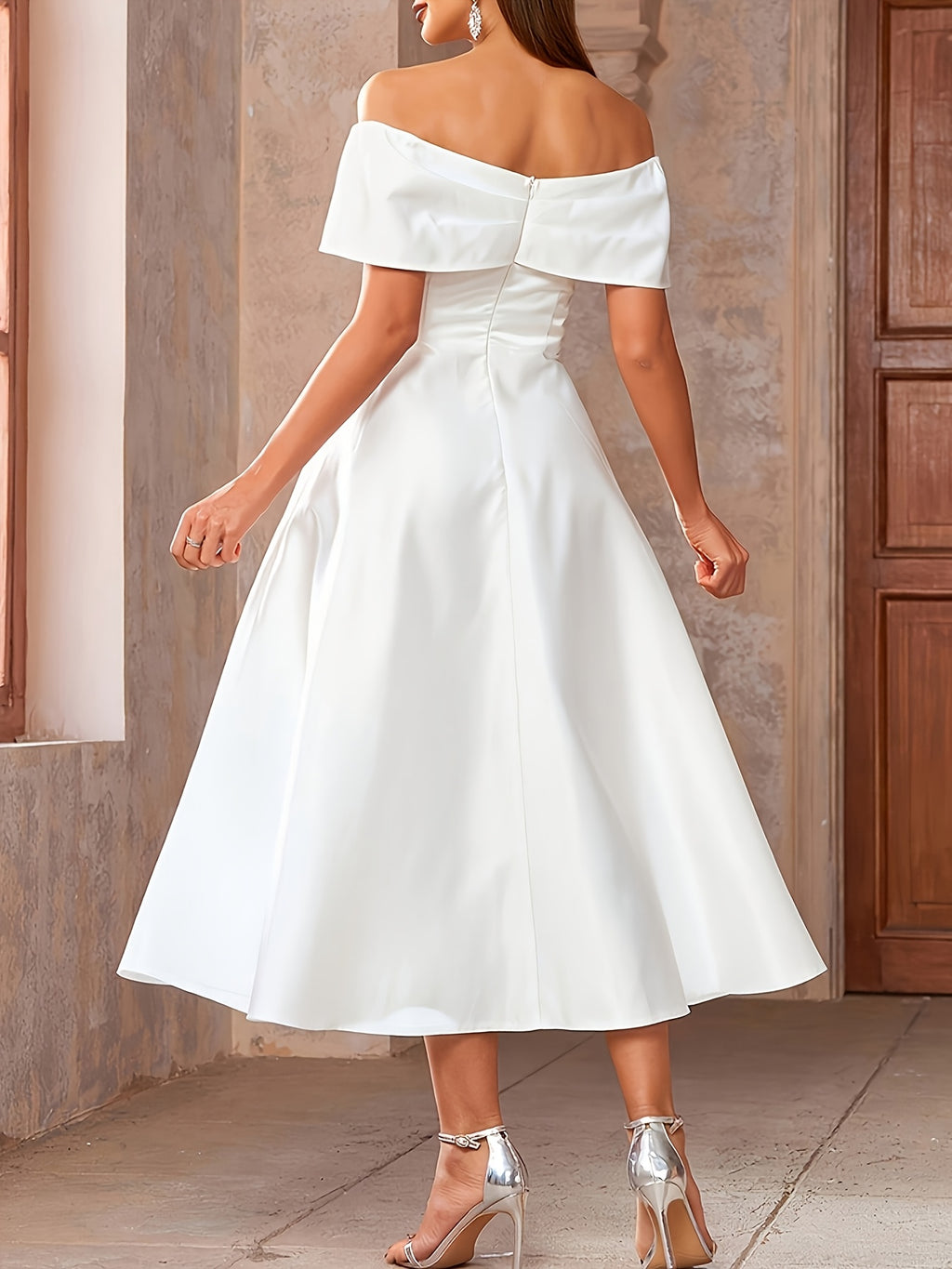 White Off-The-Shoulder Ruffle Midi Dress Women'S Waist-Cinching Large Swing Temperament Elegant Banquet Dress Ladies Dress - Ivory White