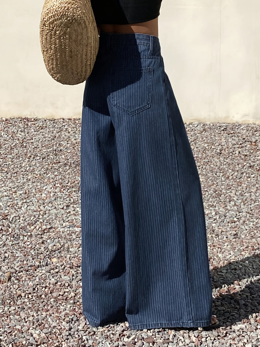 26AW Women'S Non-Stretch Retro All-Match Casual Fashion Elegant Mid-Waist Pocket Machine Washable Durable Printed Striped Multifunctional Loose Straight-Leg Denim Long Pants Street Trendy Style - Medium Blue