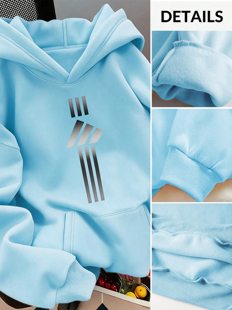 2pcs Value Pack: Stylish and Elegant Y2K Style Sportswear for Women, Suitable for Spring, Autumn, and Winter. Hooded -Lined Sweatshirt + -Lined Long Pants Set. 2pcs Outfit for Indoor and Outdoor Wear. Geometric Print Hooded Top and Long Pants Set. - Sky Blue+Black