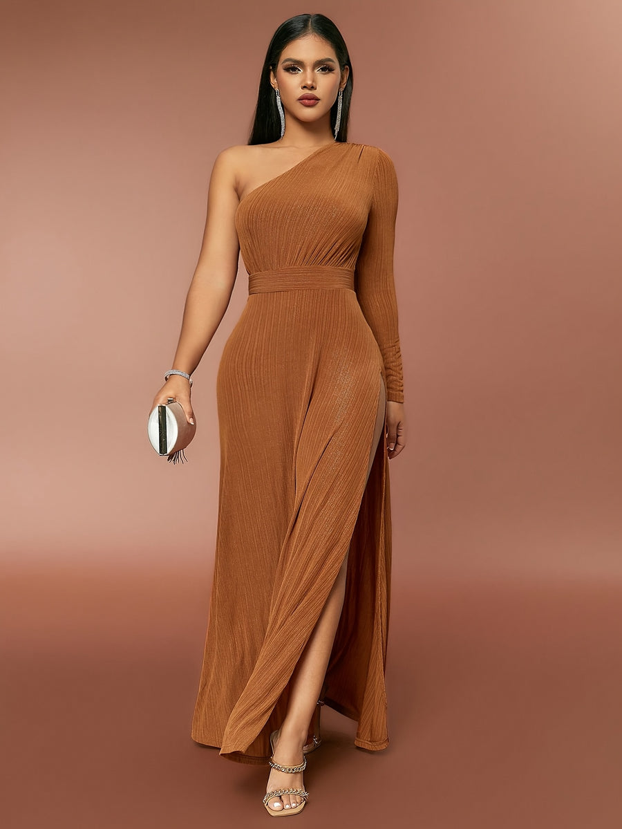 Sexy One-Shoulder Silver Thread Dress - Light Brown-1