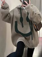 Plus Size, Autumn/Winter European and American Style Elegant Fashion Mature Plus Size Women's Casual Pullover with Joyful Face Pattern Long Sleeve Drawstring Hoodie - Khaki