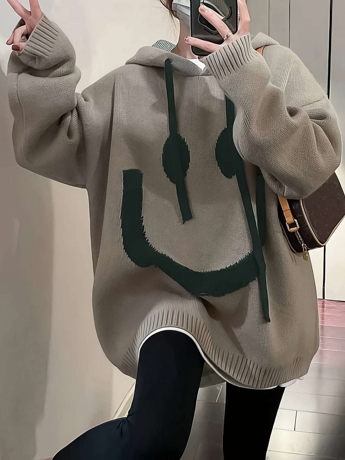 Plus Size, Autumn/Winter European and American Style Elegant Fashion Mature Plus Size Women's Casual Pullover with Joyful Face Pattern Long Sleeve Drawstring Hoodie - Khaki