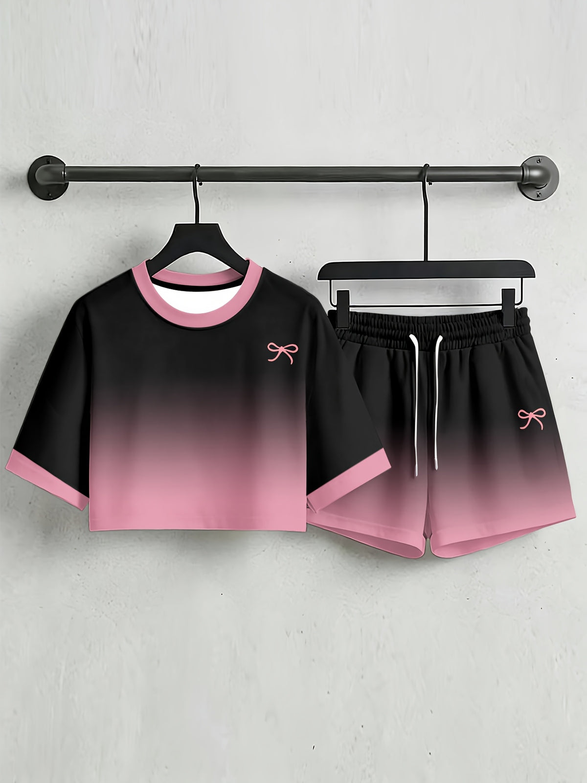Ombre Bow Street Style Sporty High-Waist Loose Short Sleeve Shorts Set - Mixed colors