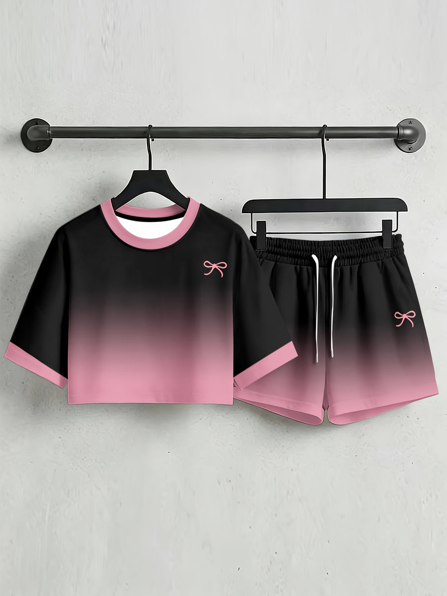 Ombre Bow Street Style Sporty High-Waist Loose Short Sleeve Shorts Set - Mixed colors