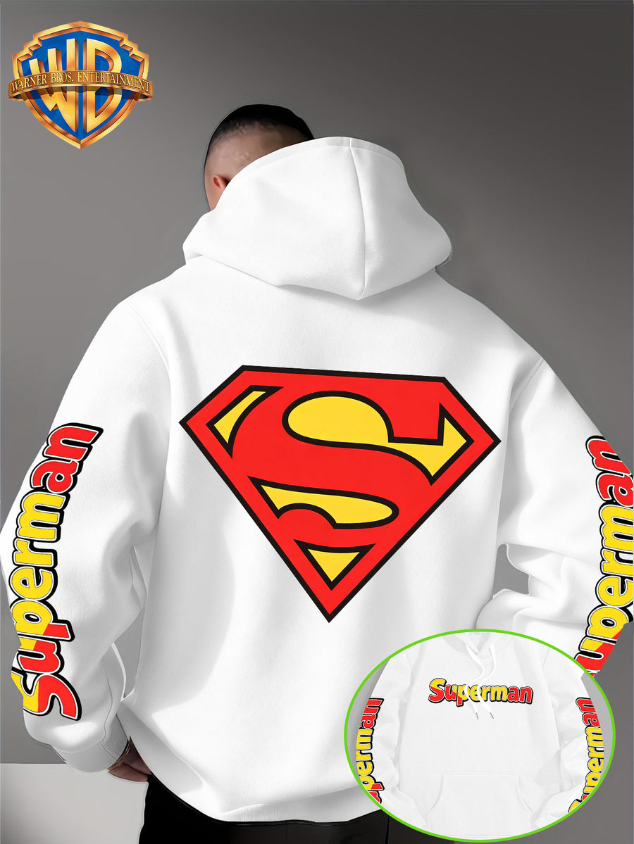 DC Superman Classic S Logo Print Hoodie American Casual Fall Winter Sweatshirt - Men'S Versatile Pullover, Cozy And Warm Fleece-Lined Top for Sports, Outdoor, Travel, Daily Wear, Commute, Home, Perfect Gift for Lovers And Friends - Unisex - White