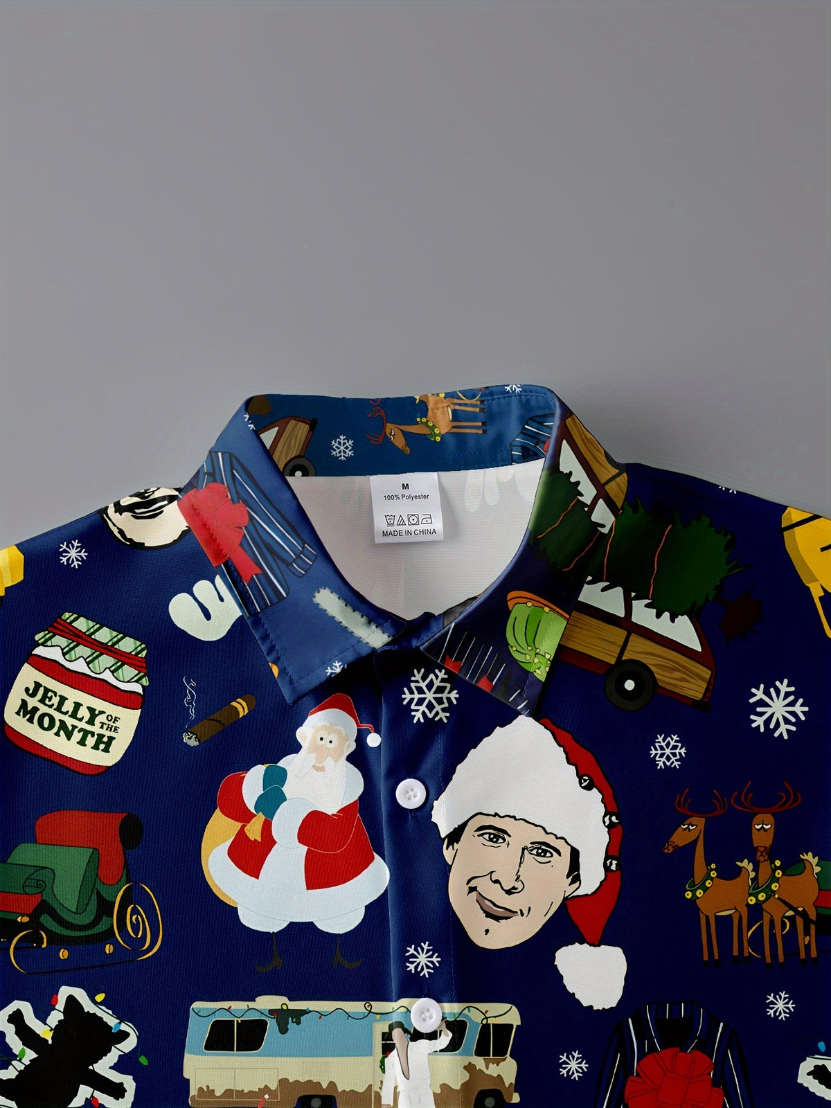 Christmas Print Short Sleeve Shirt, Casual Lapel Collar, 100% Polyester, Comfortable Loose Fit, All-Season Woven Top with Button Detail, 140g/m² Fabric Weight - Mixed colors