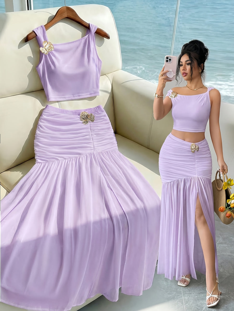 Elegant 2pcs Set for Women, Featuring a Strappy Crop Top and a Slit Maxi Skirt with Metallic Embellishments. The Slim-fit Design Is Perfect for High-end Occasions Such as Dates, Evening Parties, Gatherings, and Vacations - Lavender