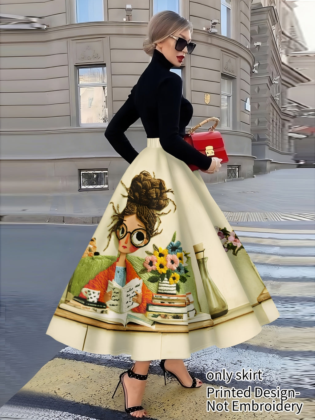 QC Midi Cartoon Reading Book Illustration Print Design Women's Elegant and Fashionable Half-Skirt - Off-white