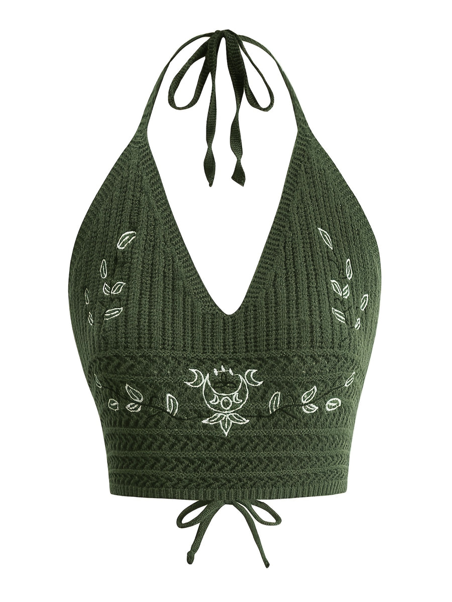 TD24026 Vintage Sexy Hollow-Out Halter Top - Olive Green