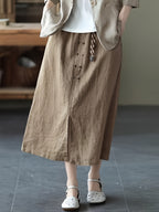 Women's Workwear A-Line Skirt with Elastic Waist, Mid-Length Solid Color Slit Skirt (Belt and Drawstring Not Included) - Khaki