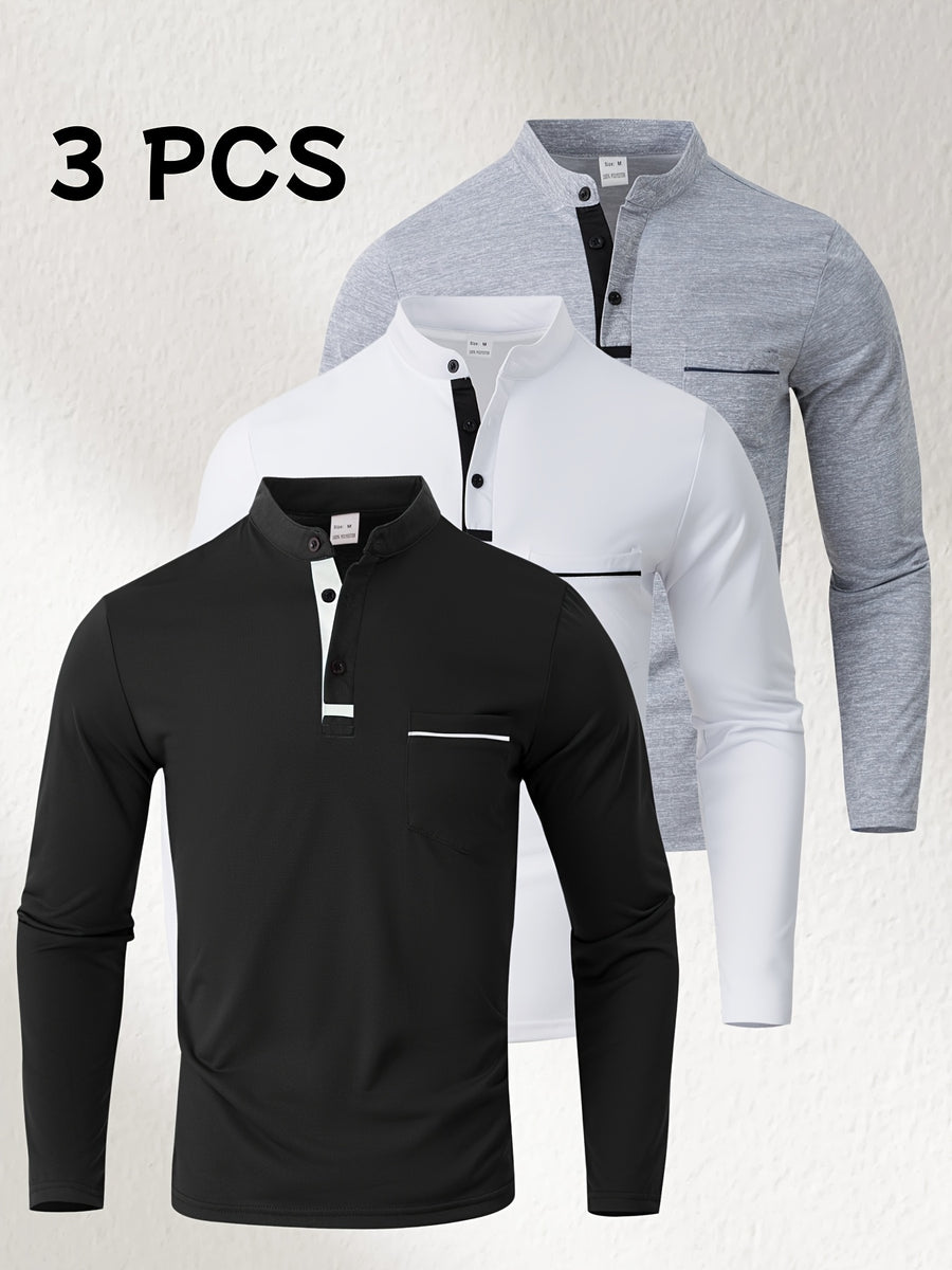 [Josh May OBM] 3pcs Men'S Long Sleeve Henley Shirts, Skin-Friendly Comfortable Fabric, Natural Elasticity Wearing Experience, Slim Casual Fit, Stand Collar Button-Up Design, Contrast Color Patchwork Detail, Chest Pocket Decoration - Black+white+light Gray