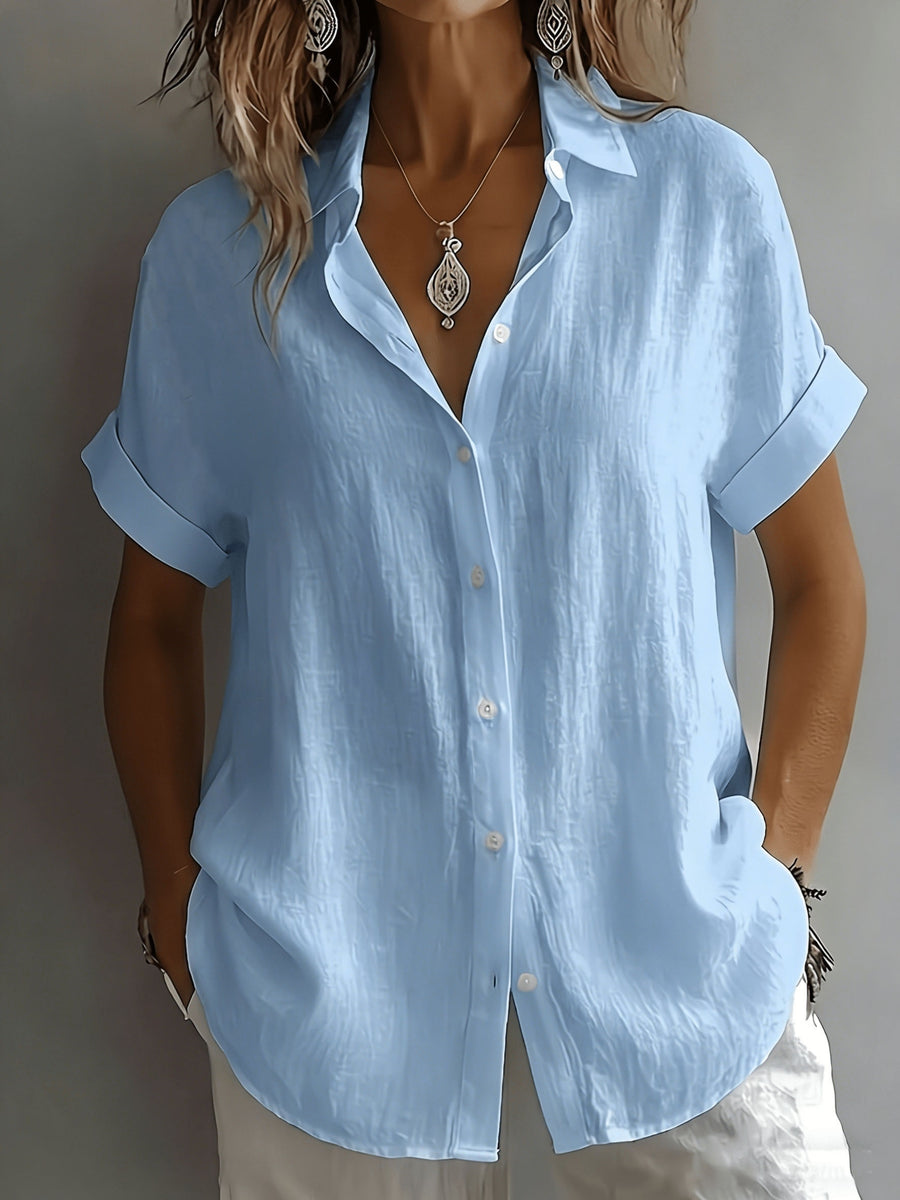 Women's Relaxed Holiday Style Micro-Wrinkle Textured Lapel Short-Sleeve Shirt, Loose Open Front Single-Breasted Drop Shoulder Fit, Casual Rolled Hem Short Sleeve V-Neck Open-Wear Design, Natural Breathable Dry Skin-Friendly Textured Fabric - Blue