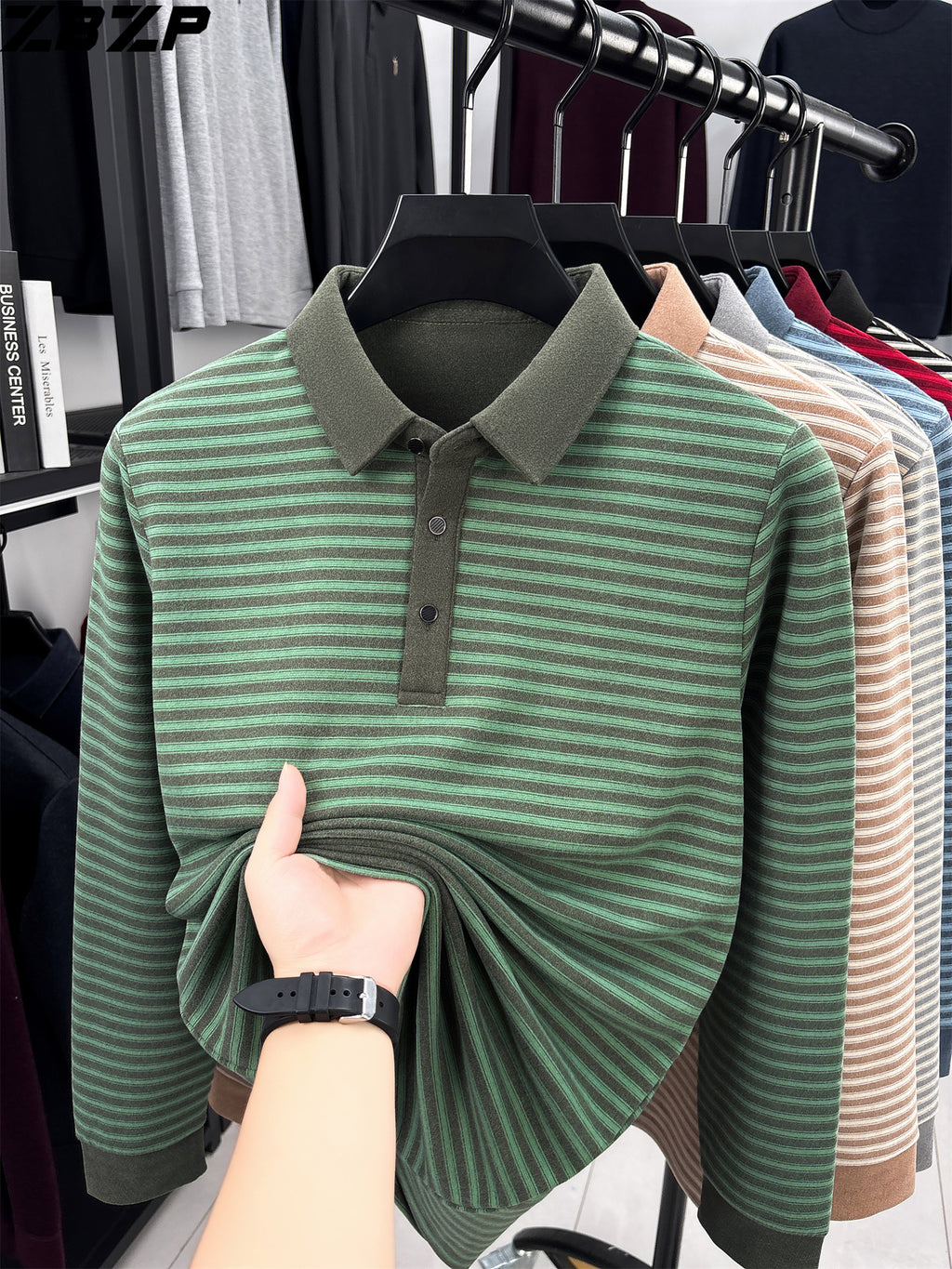 ZBZP Spring Autumn New Men'S Long Sleeve Polo Shirt Lapel Pullover Shirt Easy Business Casual High-End Breathable Long Sleeve T-Shirt Men'S Wear YF - Green