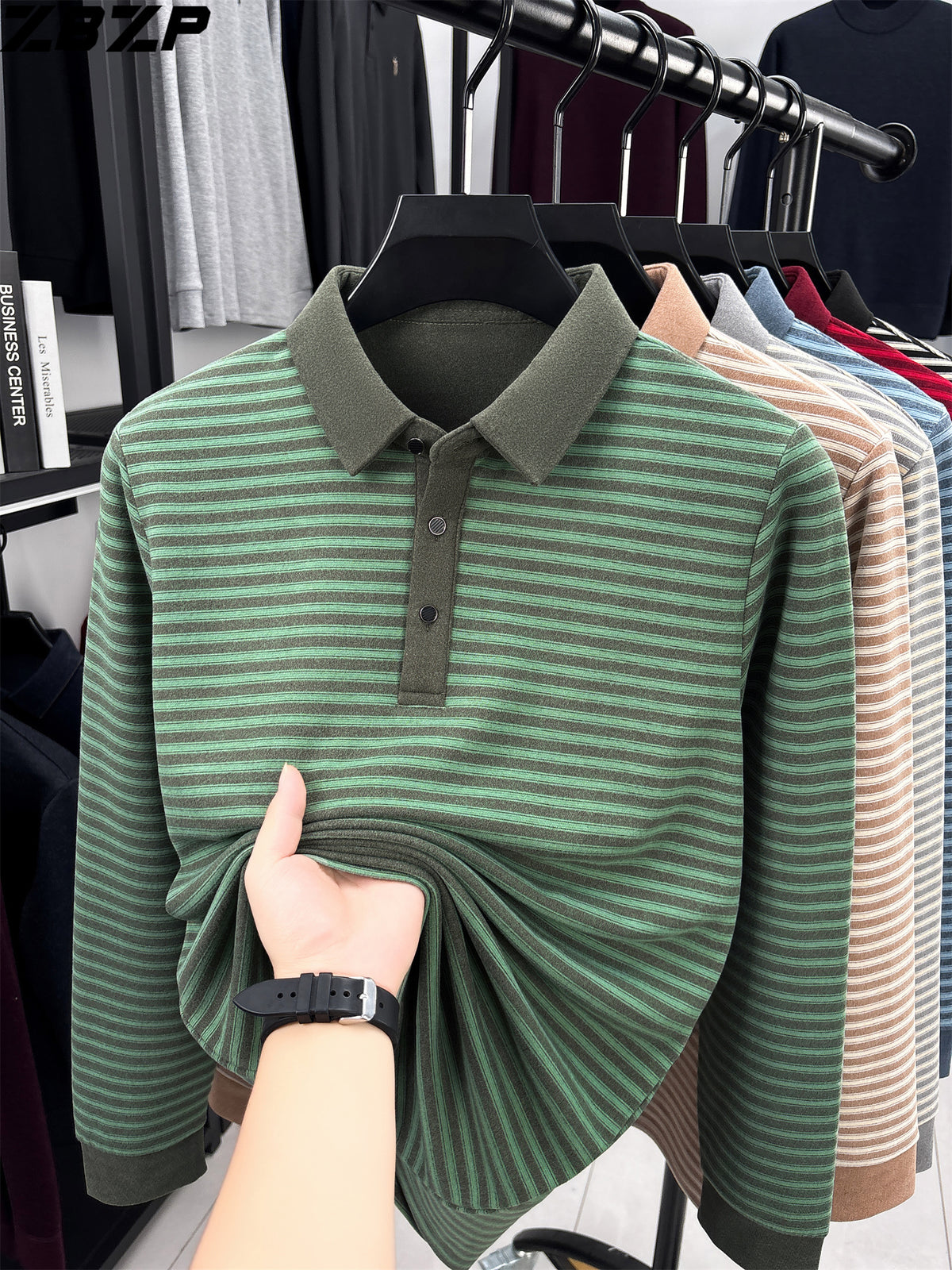 ZBZP Spring Autumn New Men'S Long Sleeve Polo Shirt Lapel Pullover Shirt Easy Business Casual High-End Breathable Long Sleeve T-Shirt Men'S Wear YF - Green
