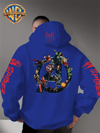 Men'S Trendy Fall Hoodie, American Superhero Collection Print Hooded Sweatshirt, Unisex Loose Street Style Casual Top. Casual Daily Style with Drawstring Design, Long Sleeve Knit Sweater, Machine Washable, Perfect for Casual, Athletic - Blue