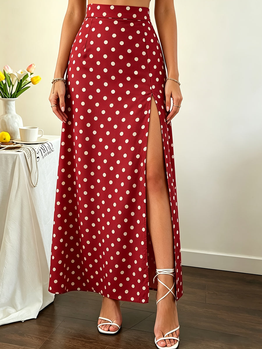 Polka Dot Print High Waist Side Slit Long Skirt - Red