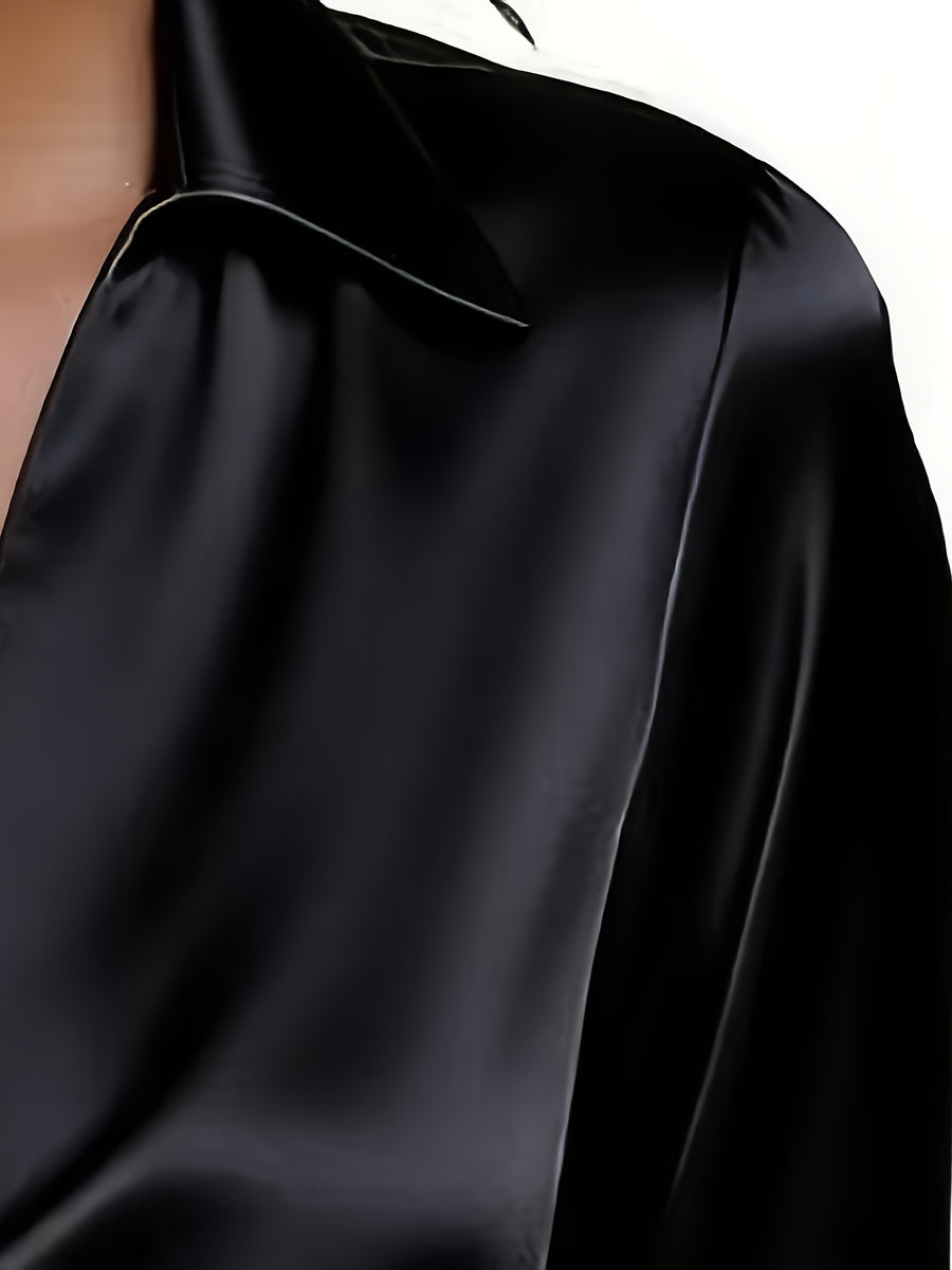 Women'S Elegant Shimmering V-Neck Long Sleeve Shirt - Black