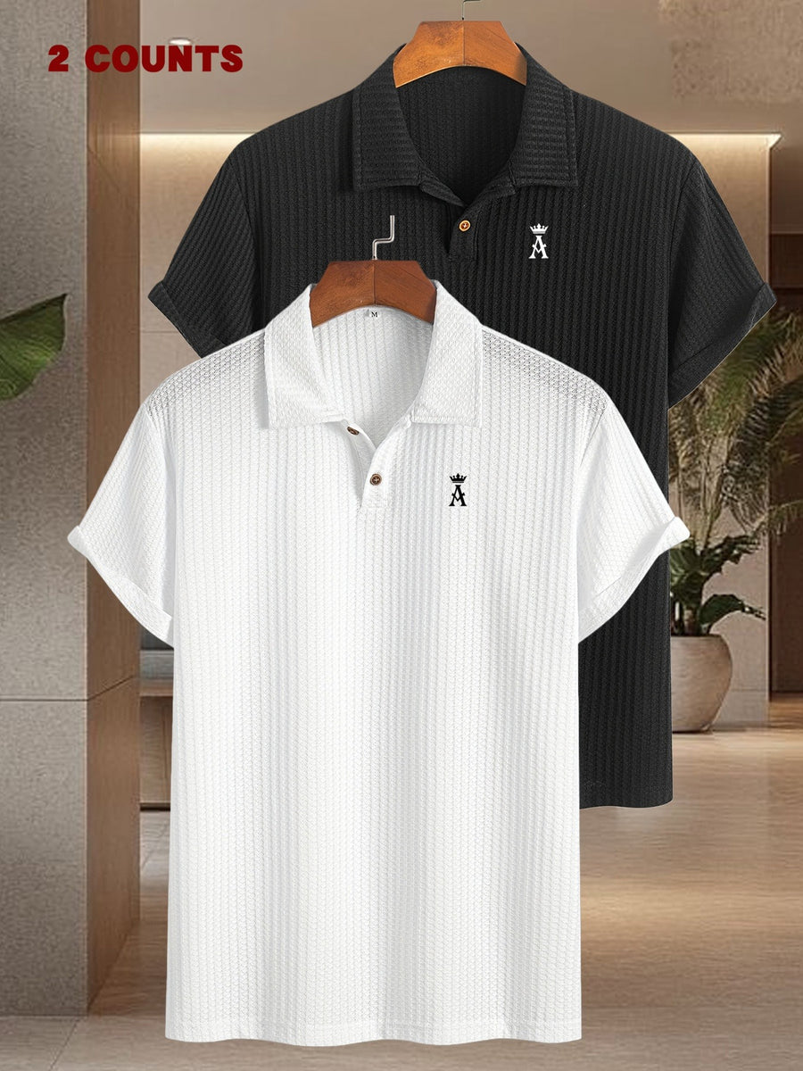 2pcs Set Men'S Textured Jacquard Short Sleeve POLO Shirts | Casual Comfortable Knit with Lapel Collar, Medium Stretch Fabric, Geometric Pattern, Button Details - White+black