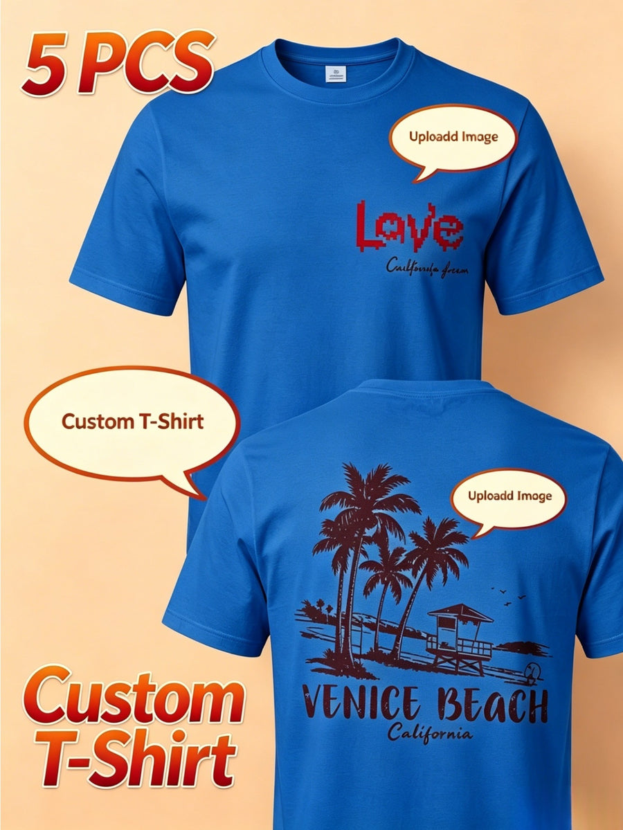 Summer Men's 5pcs Pure Cotton Short-Sleeve T-Shirts, Classic Crew Neck Versatile Basic Style, Soft Breathable Regular Fit, Custom Print Patterns Available, Ideal for Daily Wear, Team Apparel, and Commemorative Work Uniforms - Royal Blue