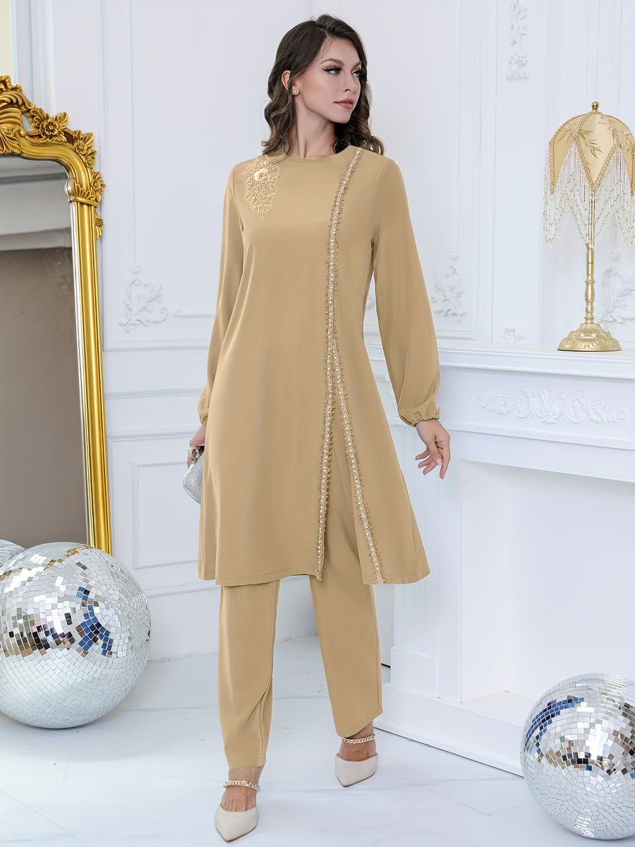 Women'S Sequined Flower Bead Embroidery Rhinestone Decorated Round Neck Long Sleeve Top with Drawstring Adjustable Pants, Elegant Business Fashion Design, Suitable for Festival Party Two-Piece Set - Khaki