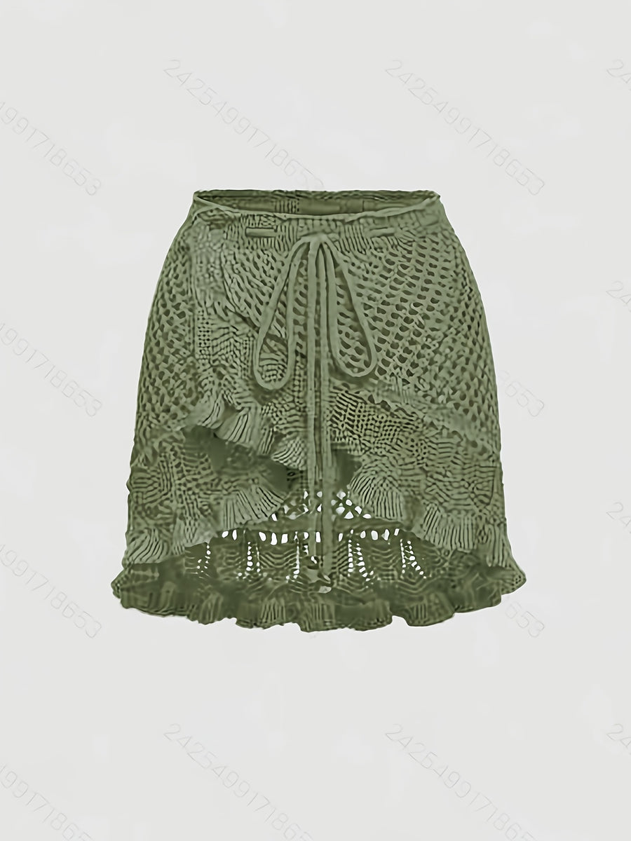 Targeted Style - Women's Elegant Casual Mini Skirt - Summer Beach Hollow Dress, Solid Color Minimalist, Soft and Comfortable Fabric - Olive