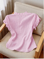 Women's Ruffle Collar Short Sleeve Single-Breasted Striped Shirt, Summer - Pink