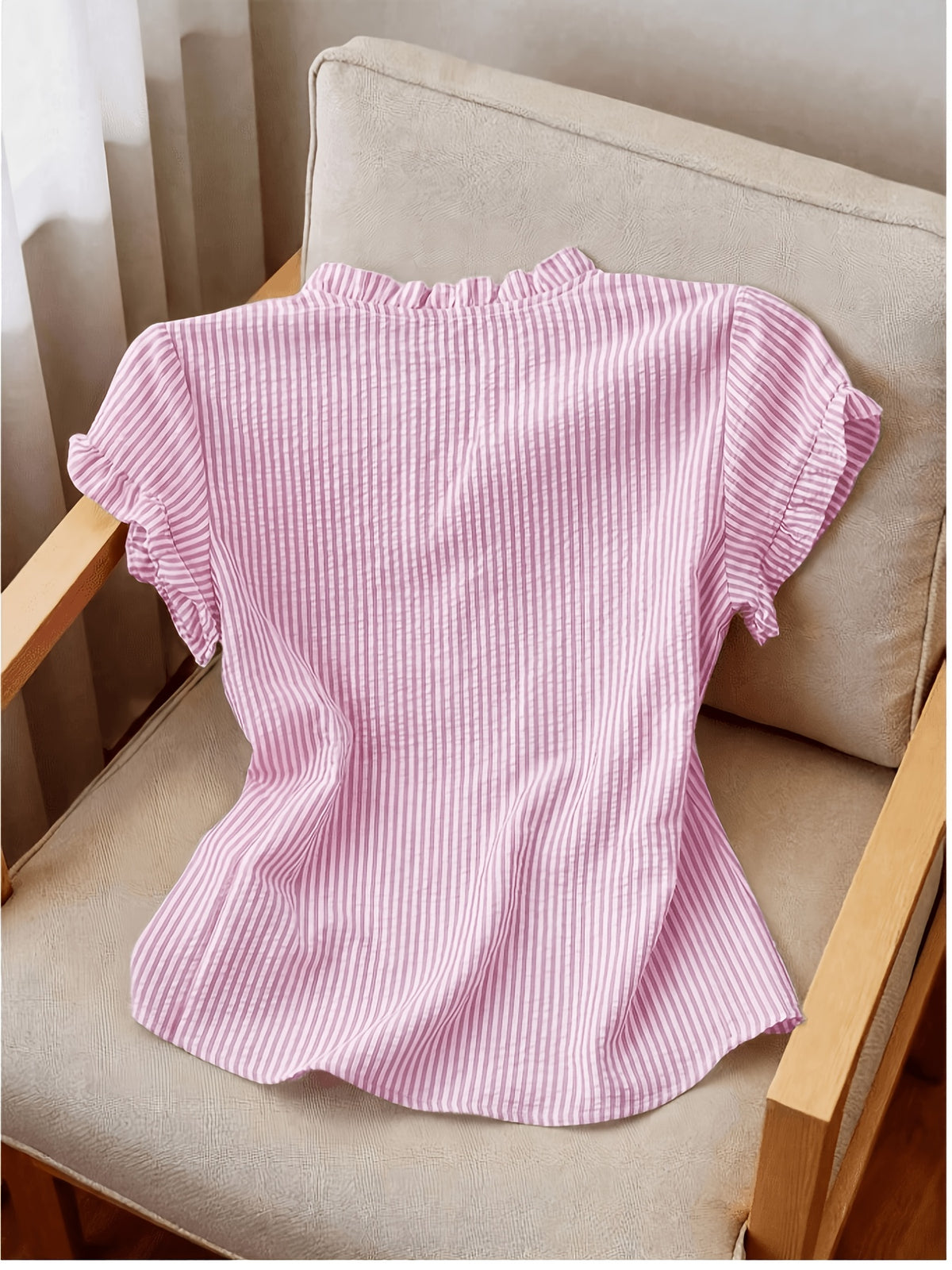 Women's Ruffle Collar Short Sleeve Single-Breasted Striped Shirt, Summer - Pink