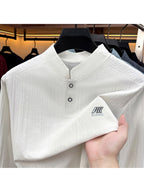 Men'S Henley Collar Vertical Stripe Stretch Long Sleeve T-Shirt - White