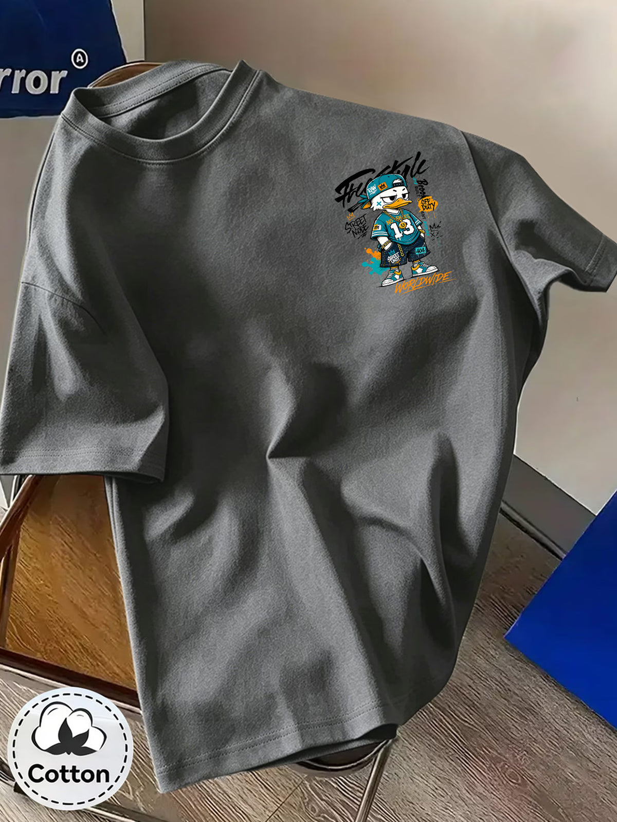 Pure Cotton Crew Neck T-Shirt, Unisex, Trendy Cool Duck, No. 13 Jersey, Multi-Element Badge, Double-Sided Front and Back Print with Letters, Breathable and Non-Sticky Back, Casual and Versatile, Suitable for Commuting, Sports, Outdoor Travel - Dark Gray