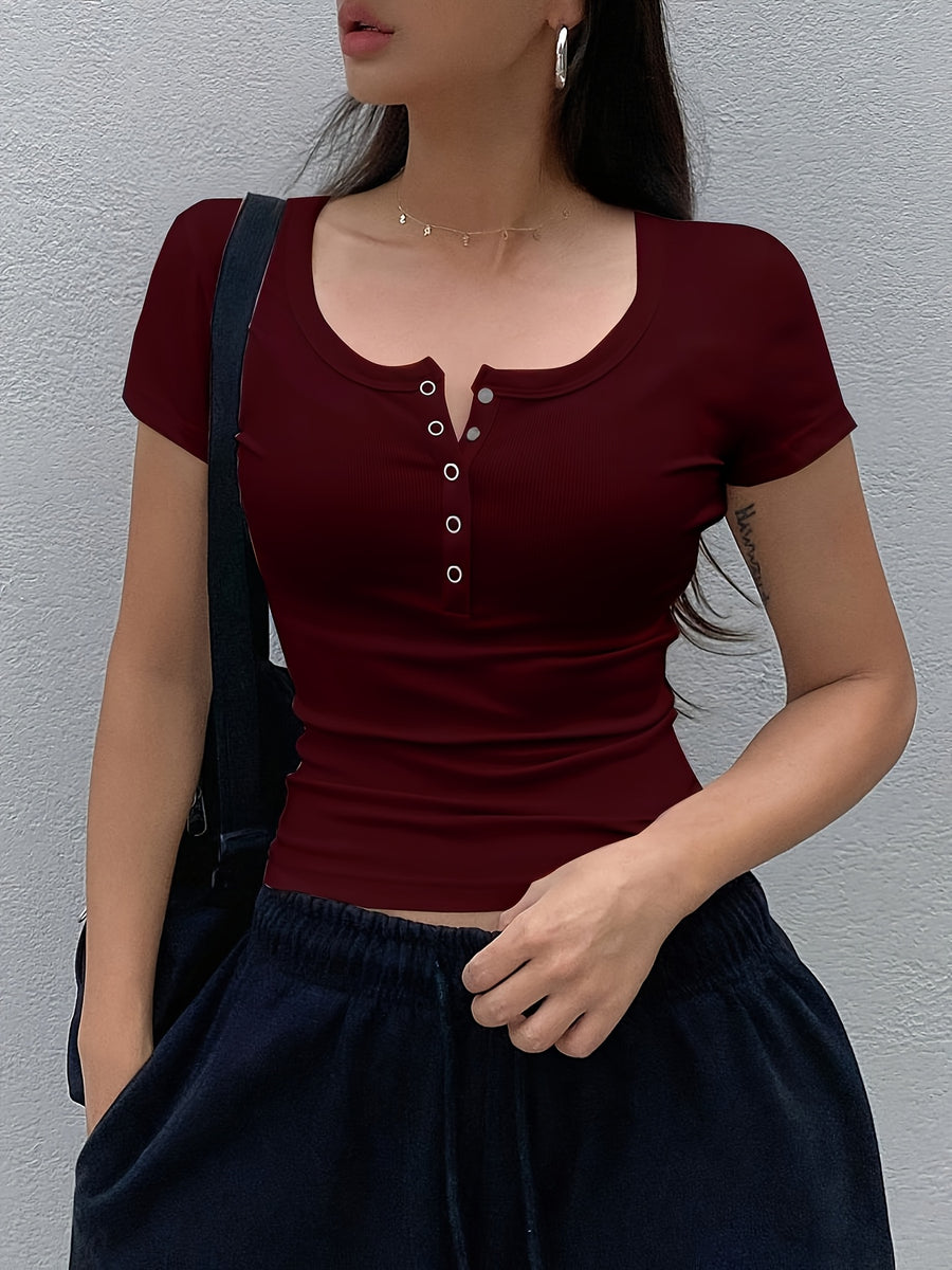Women's Solid Color Low-Neck Short Sleeve - Burgundy