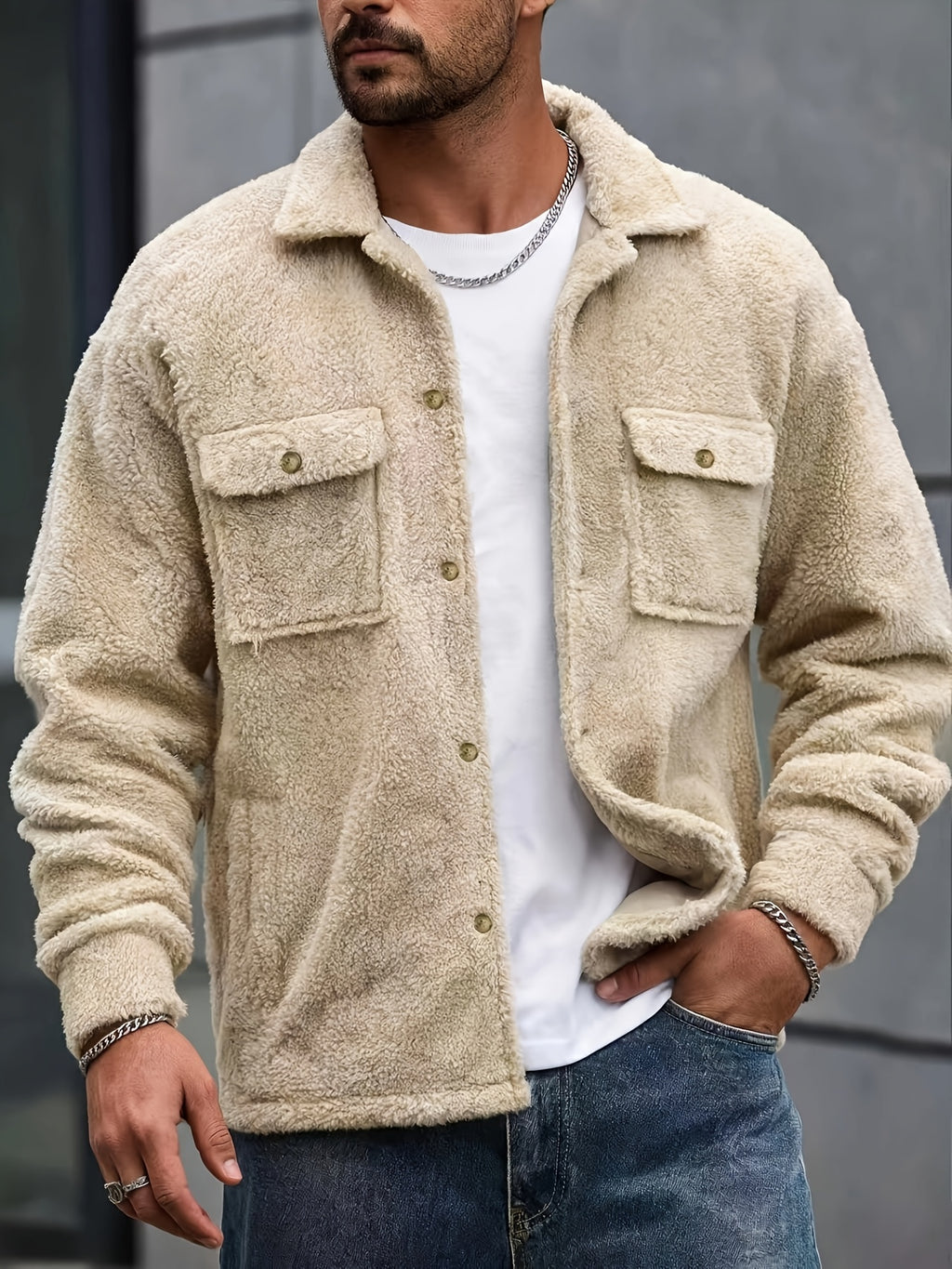 Popular Simple Men's Plush Jacket, Fashionable Classic Solid Color Plush Double Pocket Lapel Button Design, Suitable for Daily Casual Fashion, Simple Outings, Commuting, Street Trend, Autumn/Winter Long Sleeve Warm Plush Jacket - Apricot